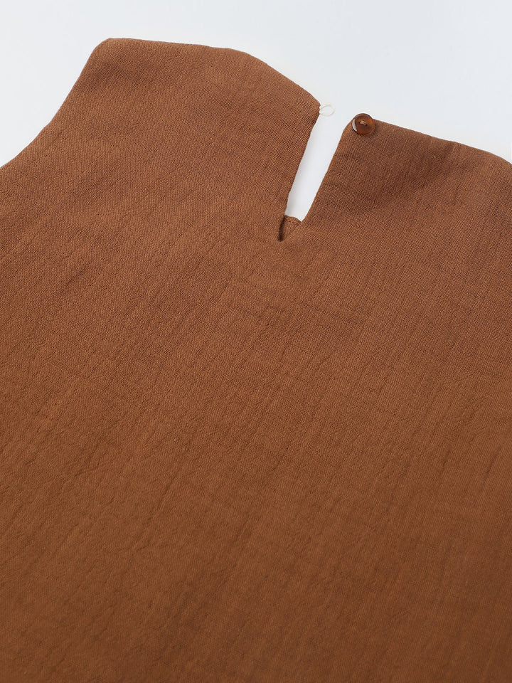 Girls Brown Cotton Round Neck Solid Co-Ord Set