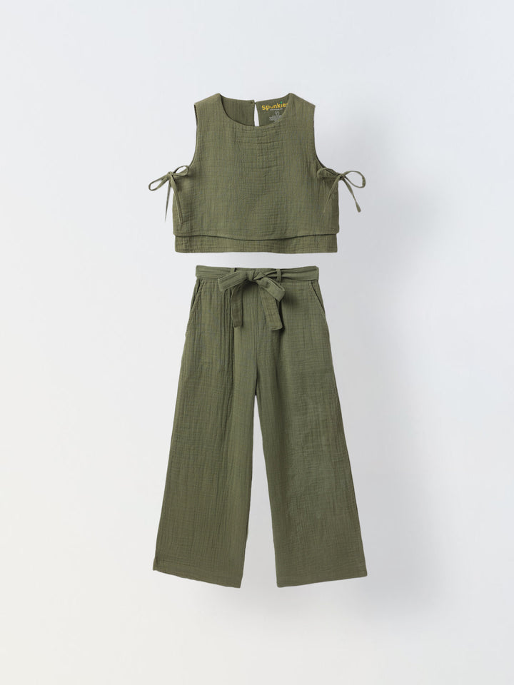Girls Green Cotton Round Neck Solid Co-Ord Set