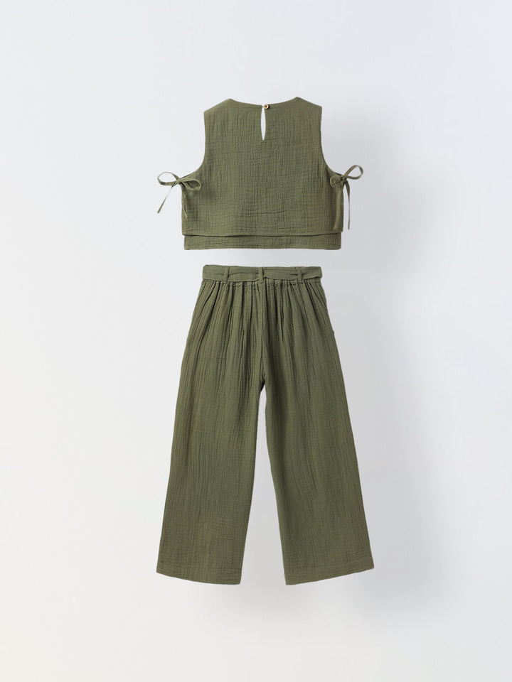 Girls Green Cotton Round Neck Solid Co-Ord Set
