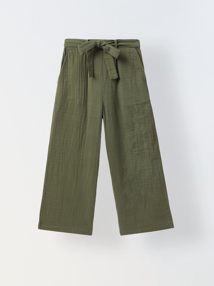 Girls Green Cotton Round Neck Solid Co-Ord Set