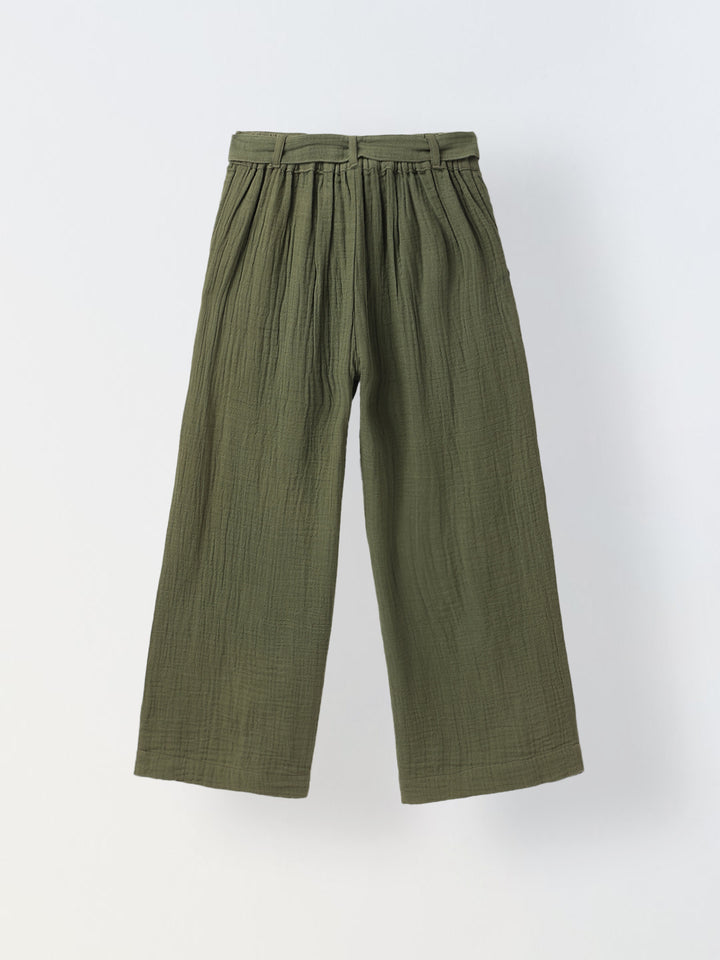 Girls Green Cotton Round Neck Solid Co-Ord Set