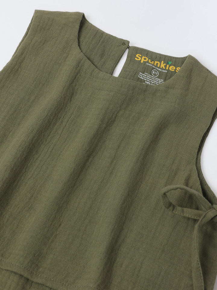 Girls Green Cotton Round Neck Solid Co-Ord Set