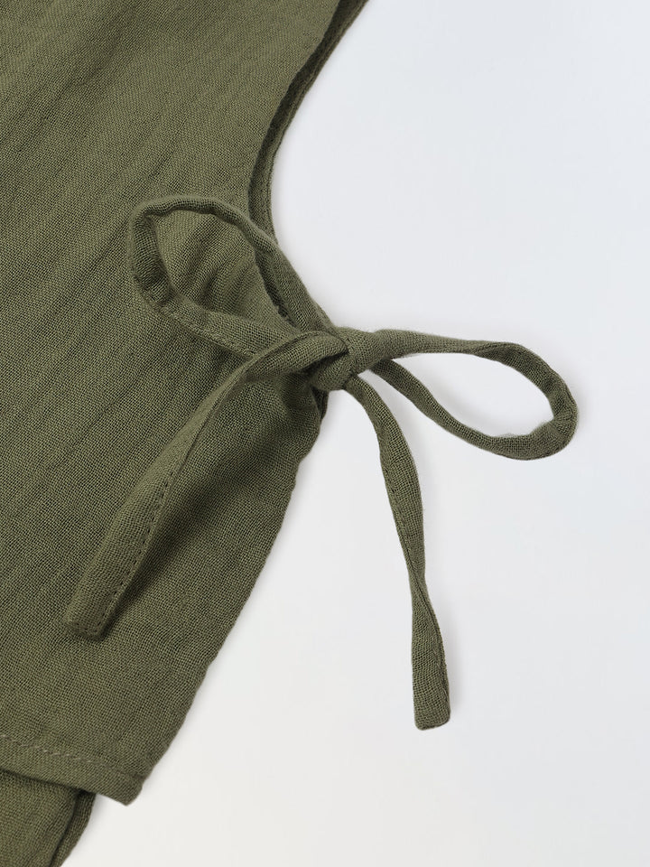 Girls Green Cotton Round Neck Solid Co-Ord Set