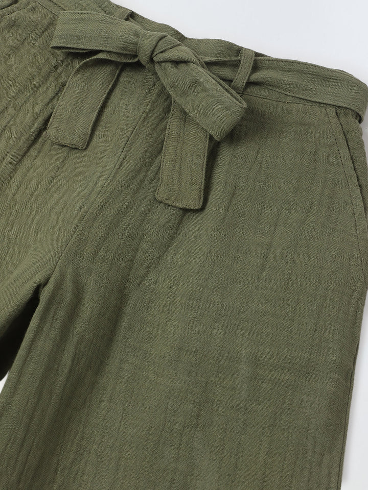 Girls Green Cotton Round Neck Solid Co-Ord Set