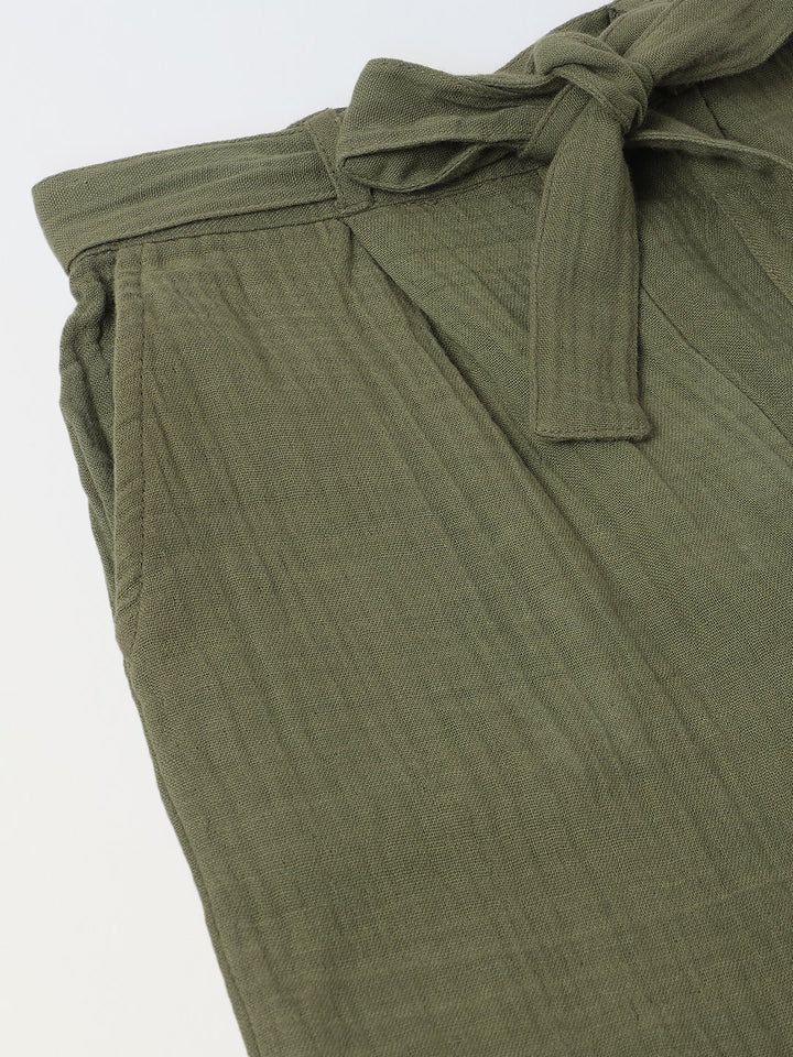 Girls Green Cotton Round Neck Solid Co-Ord Set