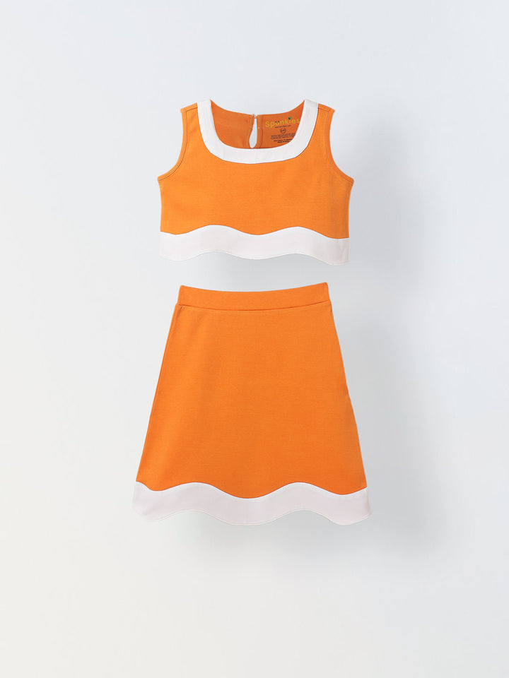 Girls Orange & White Colorblock Sleeveless Co-ord Set