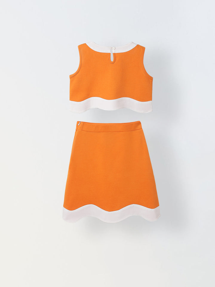 Girls Orange & White Colorblock Sleeveless Co-ord Set