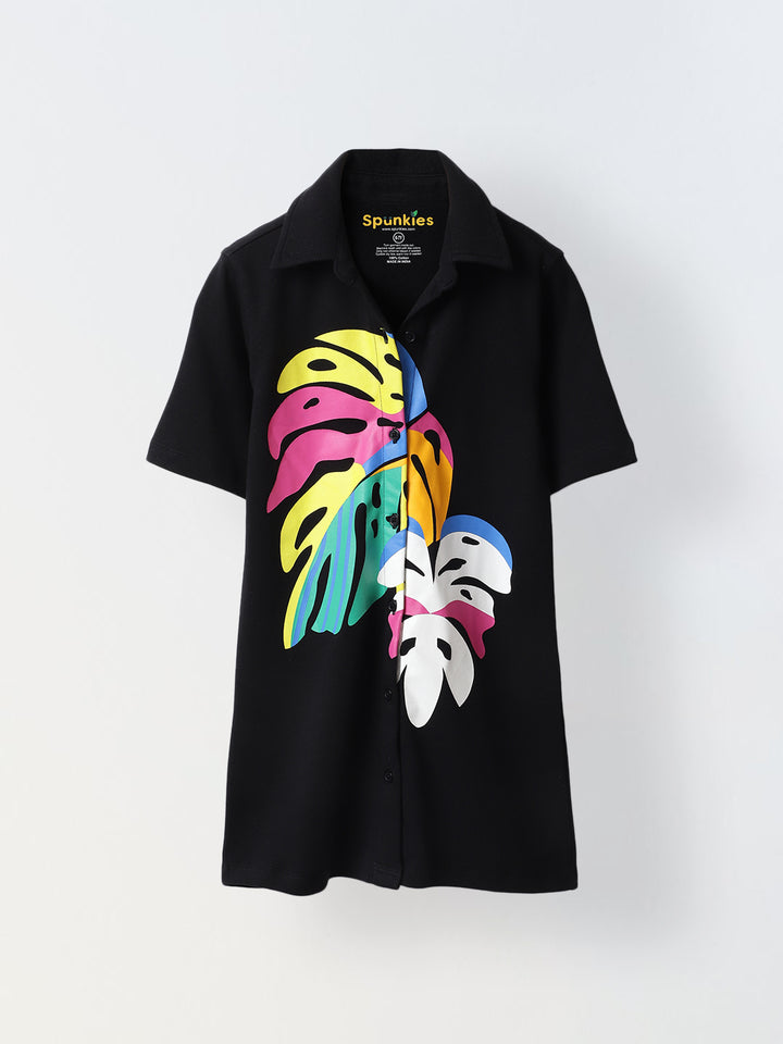 Tropical Black Short-Sleeve Button-Up Shirt Dress