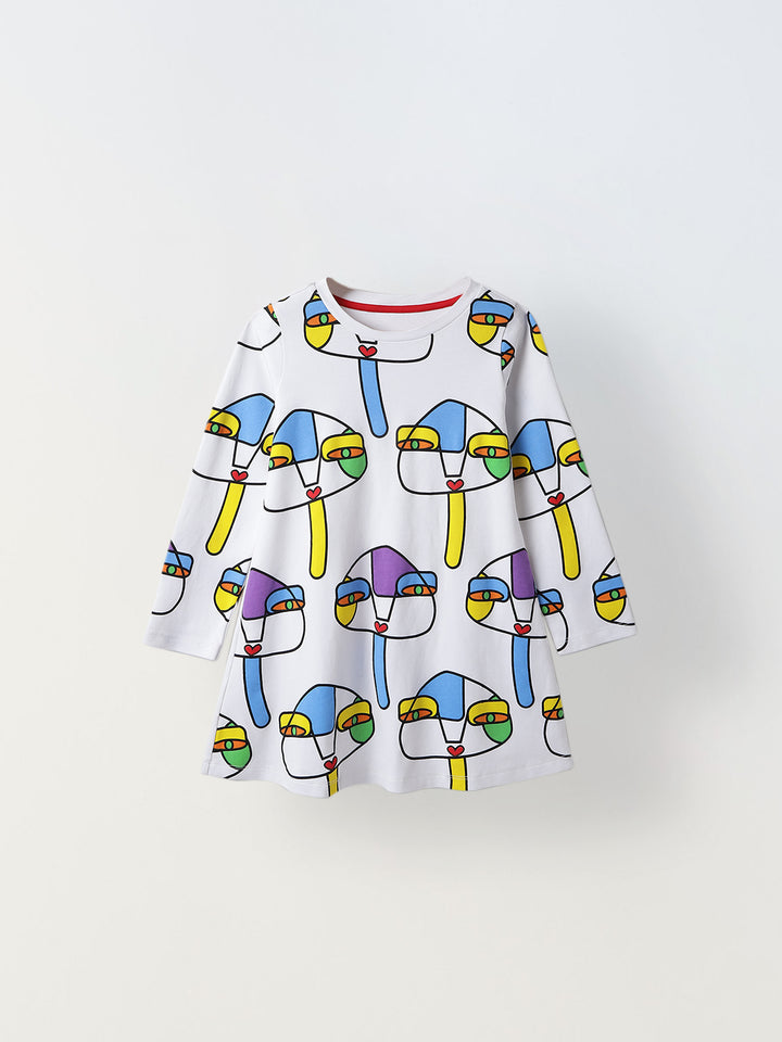 White Artistic Print A-Line Dress – Girls