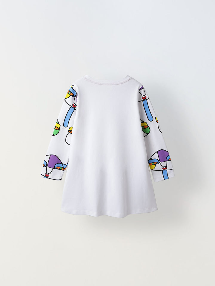 White Artistic Print A-Line Dress – Girls