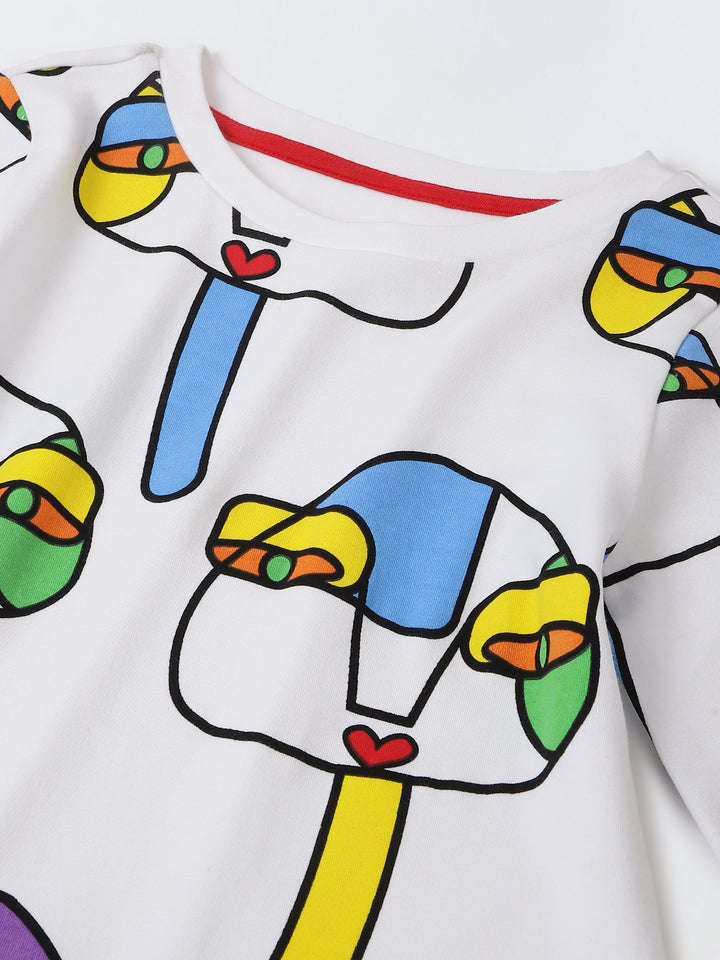 White Artistic Print A-Line Dress – Girls
