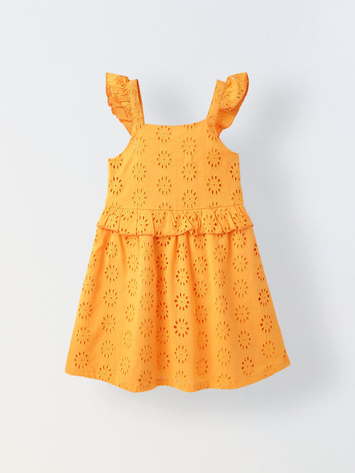 Orange Cotton Sleeveless Schiffli Dress For Girls