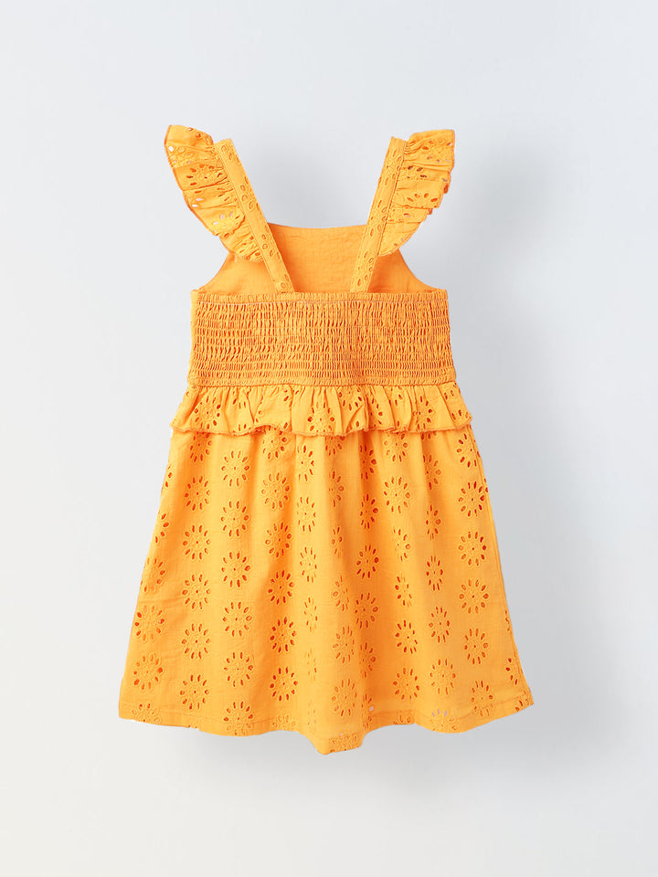 Orange Cotton Sleeveless Schiffli Dress For Girls