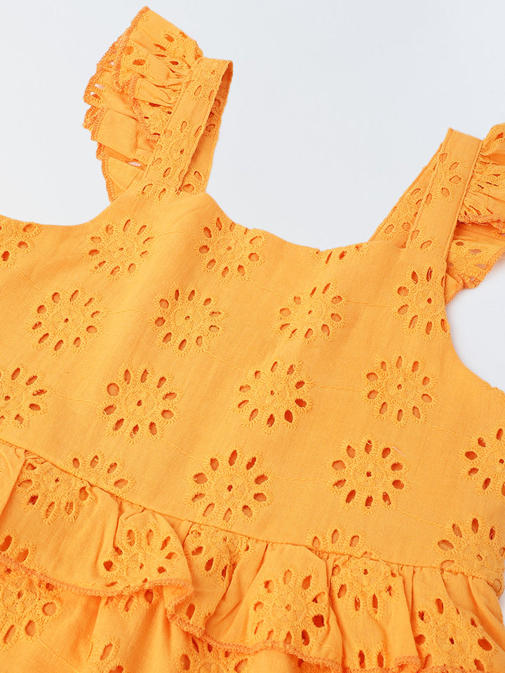 Orange Cotton Sleeveless Schiffli Dress For Girls