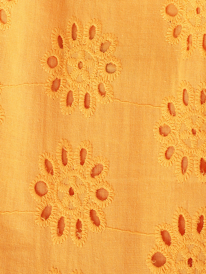 Orange Cotton Sleeveless Schiffli Dress For Girls