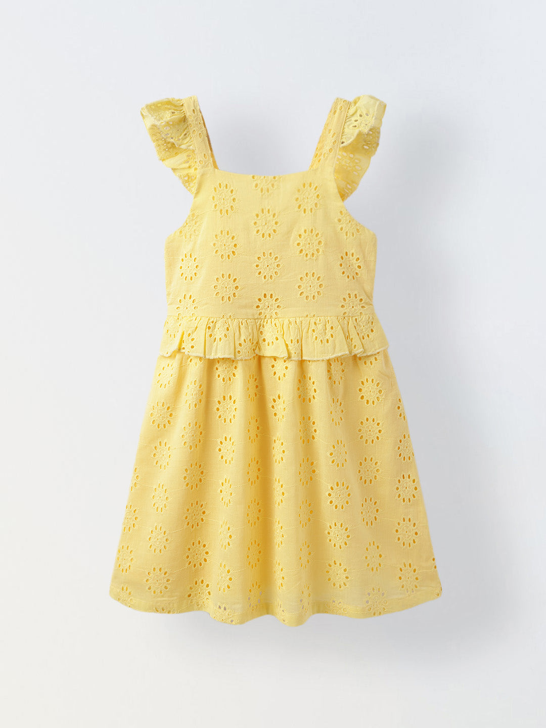Yellow Cotton Sleeveless Schiffli Dress For Girls