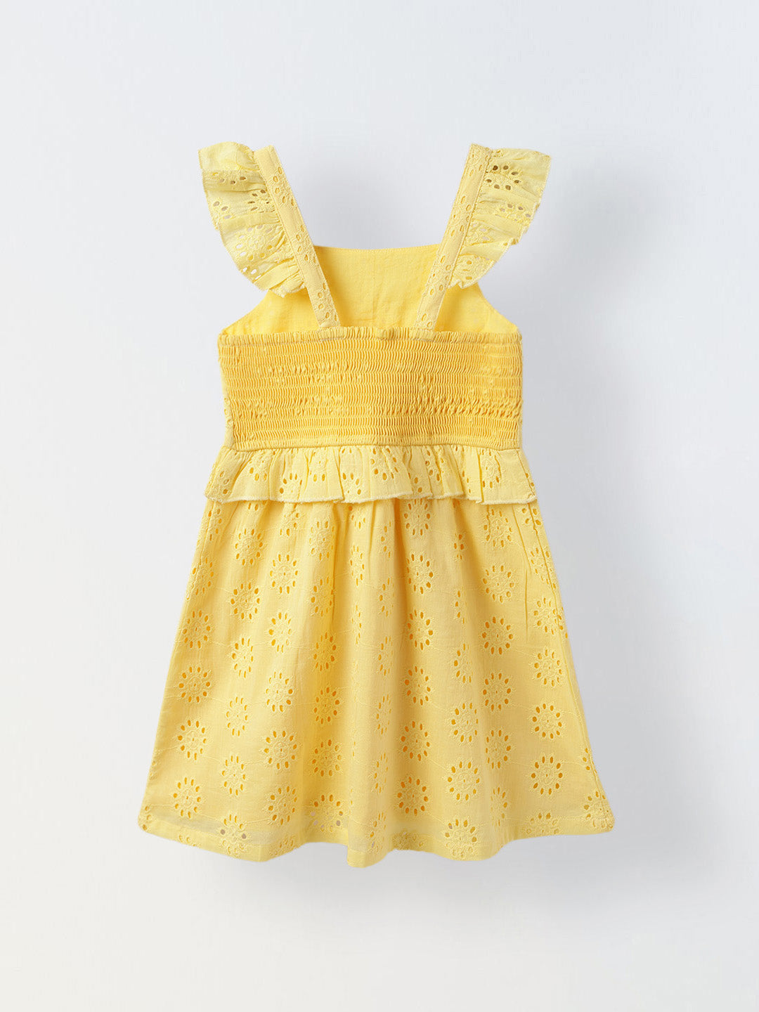Yellow Cotton Sleeveless Schiffli Dress For Girls