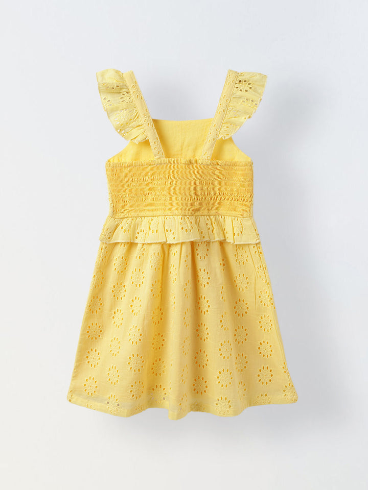 Yellow Cotton Sleeveless Schiffli Dress For Girls