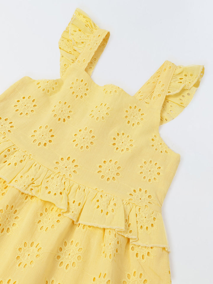 Yellow Cotton Sleeveless Schiffli Dress For Girls