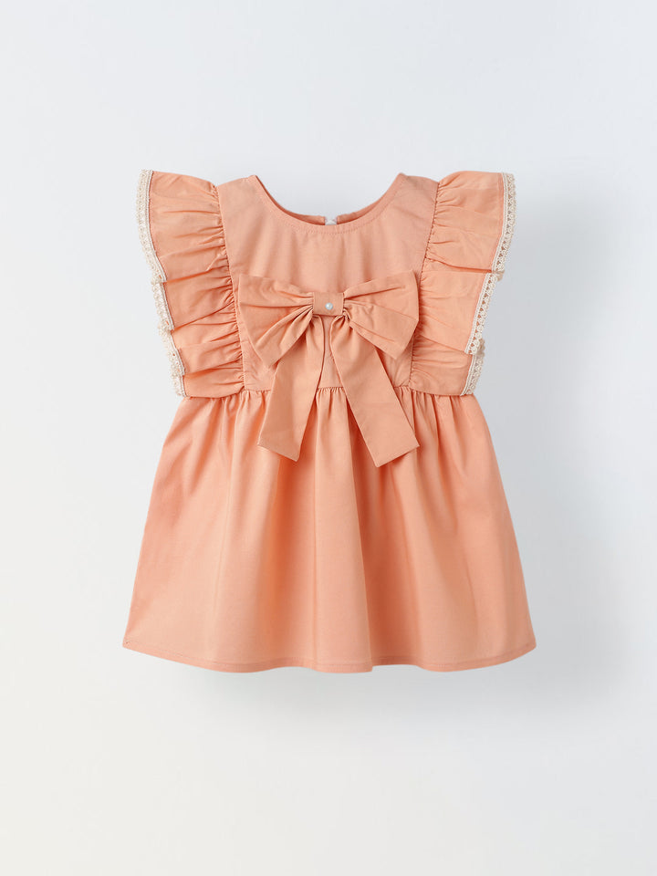 Infant Girls' Peach Ruffled Sleeve Cotton Dress