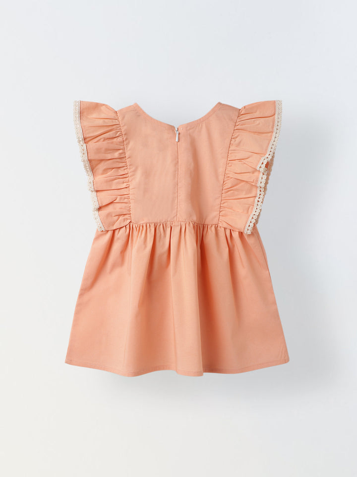 Infant Girls' Peach Ruffled Sleeve Cotton Dress