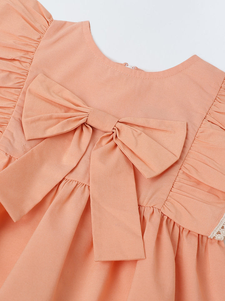 Infant Girls' Peach Ruffled Sleeve Cotton Dress