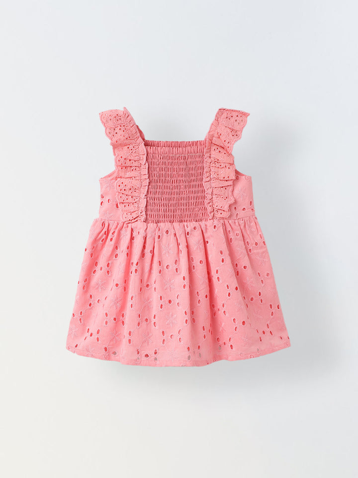 Pink Smocked Bodice Schiffli Dress for Girls