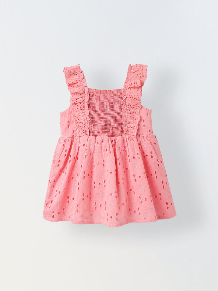 Pink Smocked Bodice Schiffli Dress for Girls