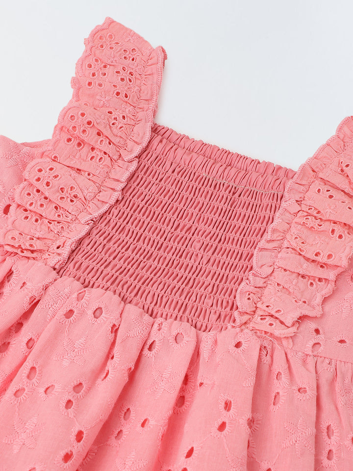 Pink Smocked Bodice Schiffli Dress for Girls