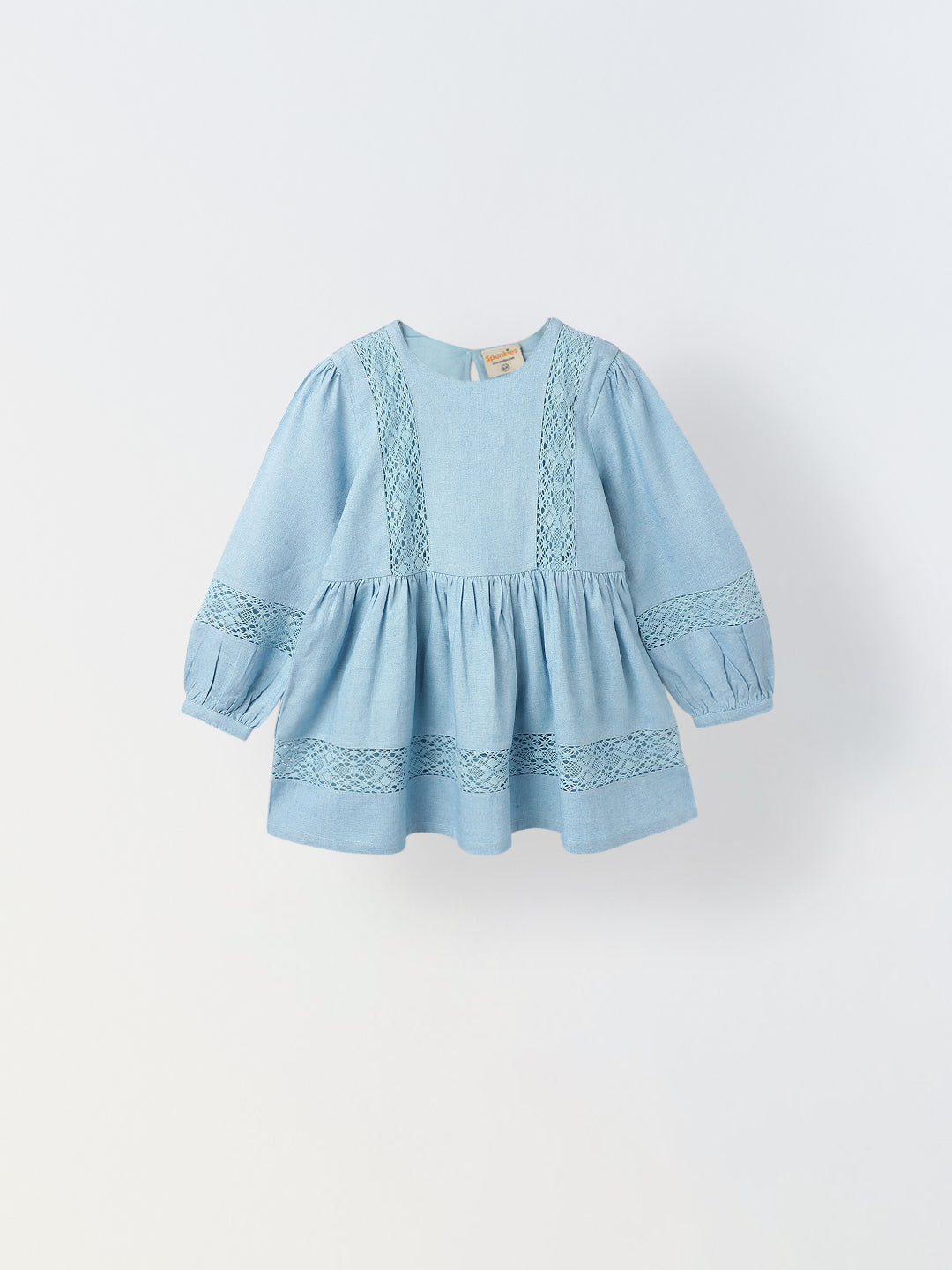 Girls Blue Cotton Lace Round Neck Dress - Main Image