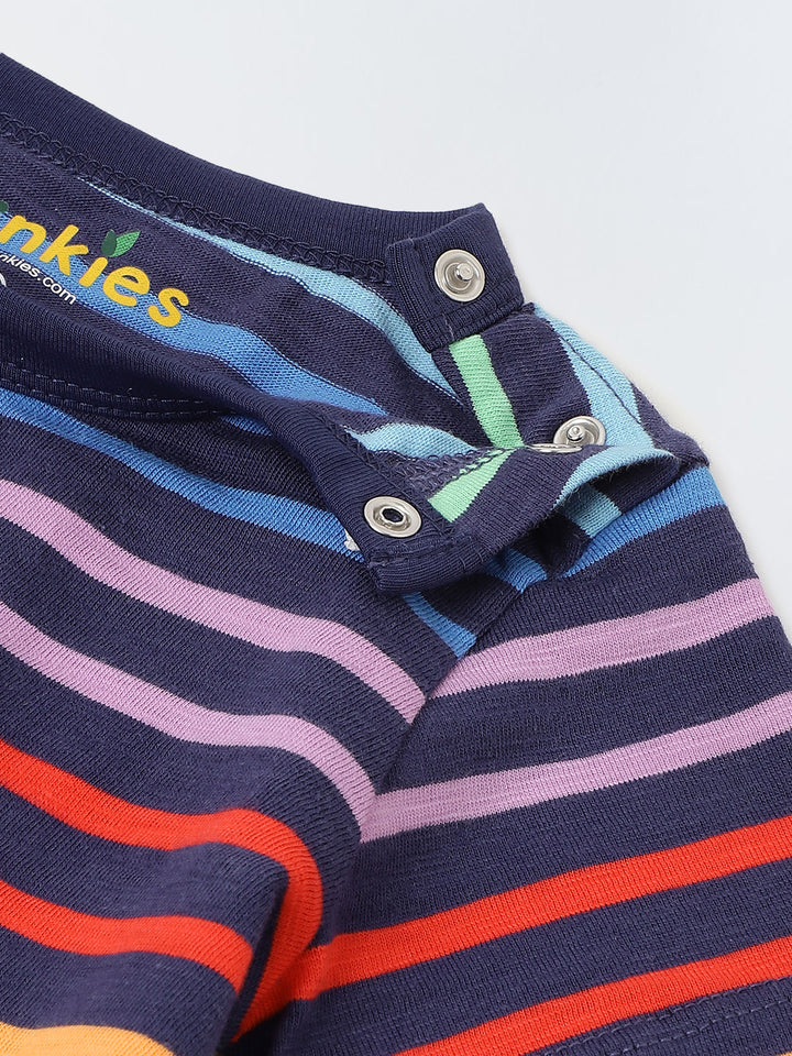 Infant Multicolour Stripe Cotton Round Neck Romper