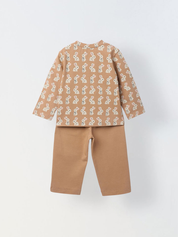 Infant Cotton Beige Full Sleeve Rabbit Printed Sets