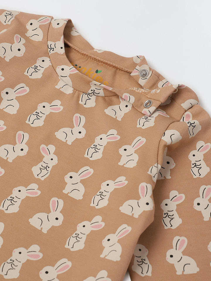 Infant Cotton Beige Full Sleeve Rabbit Printed Sets