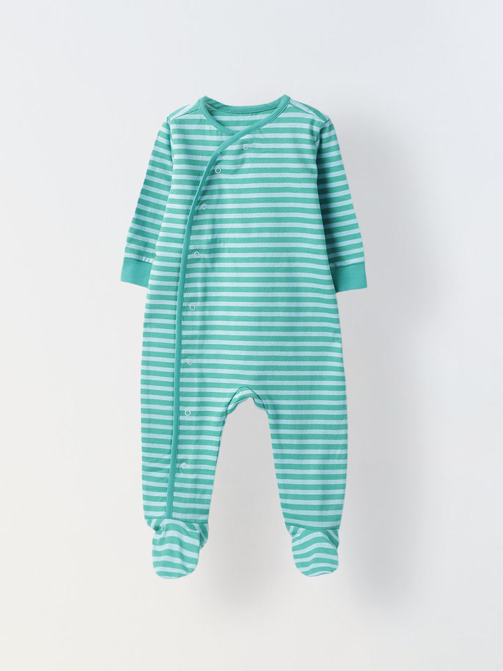 Pack of 2 Infant Cotton White/Green Striped  Full Body Rompers