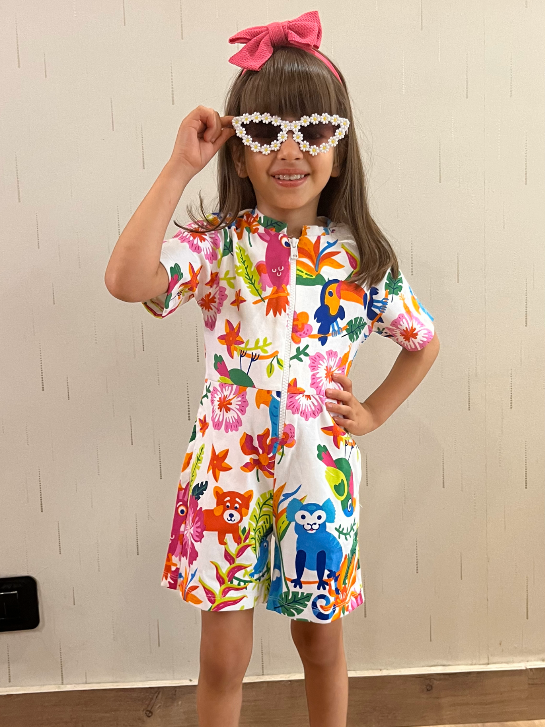Girls' Tropical Print Short-Sleeve Romper