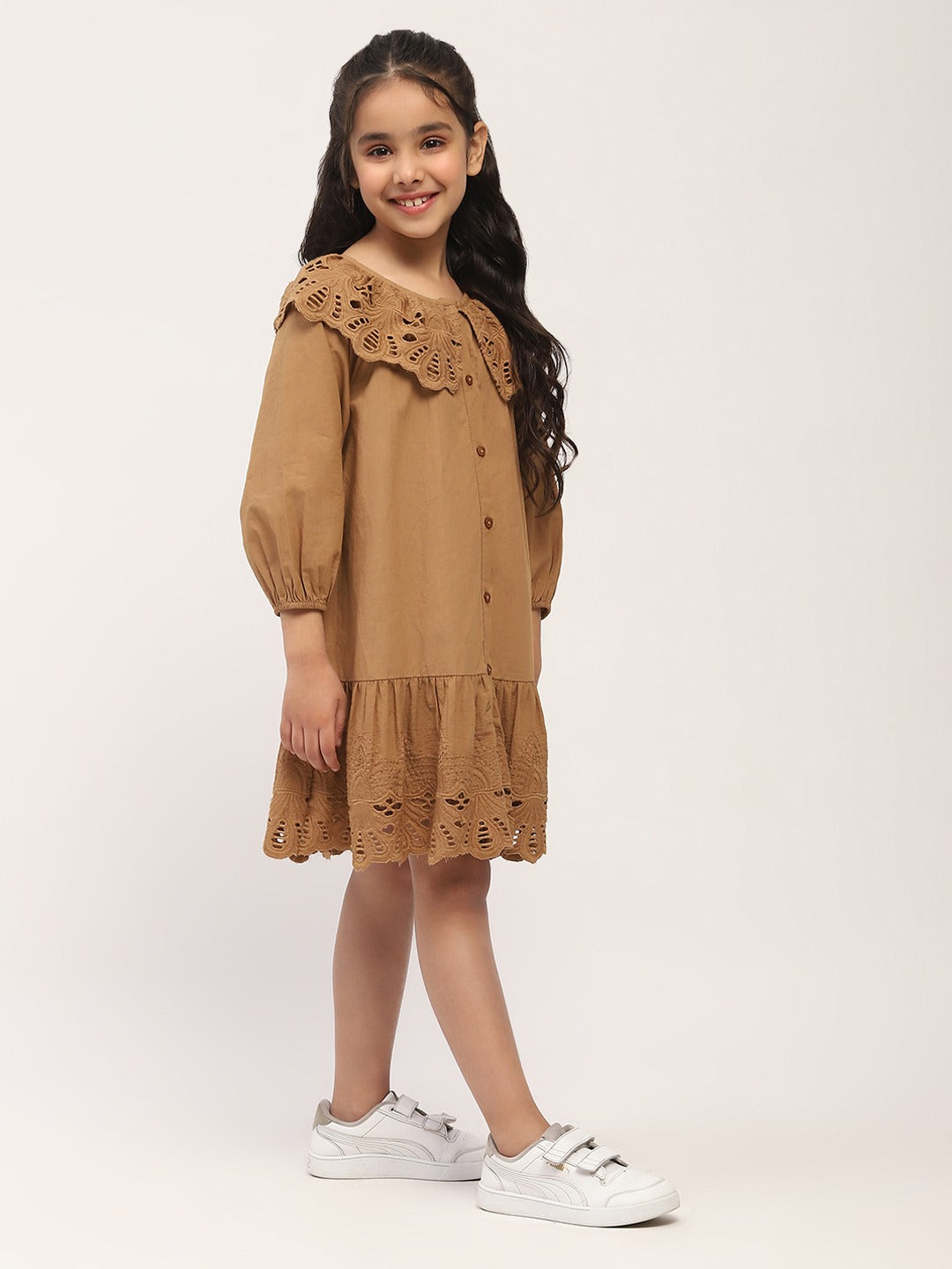 Brown Eyelet Lace Ruffle Dress-Girls.
