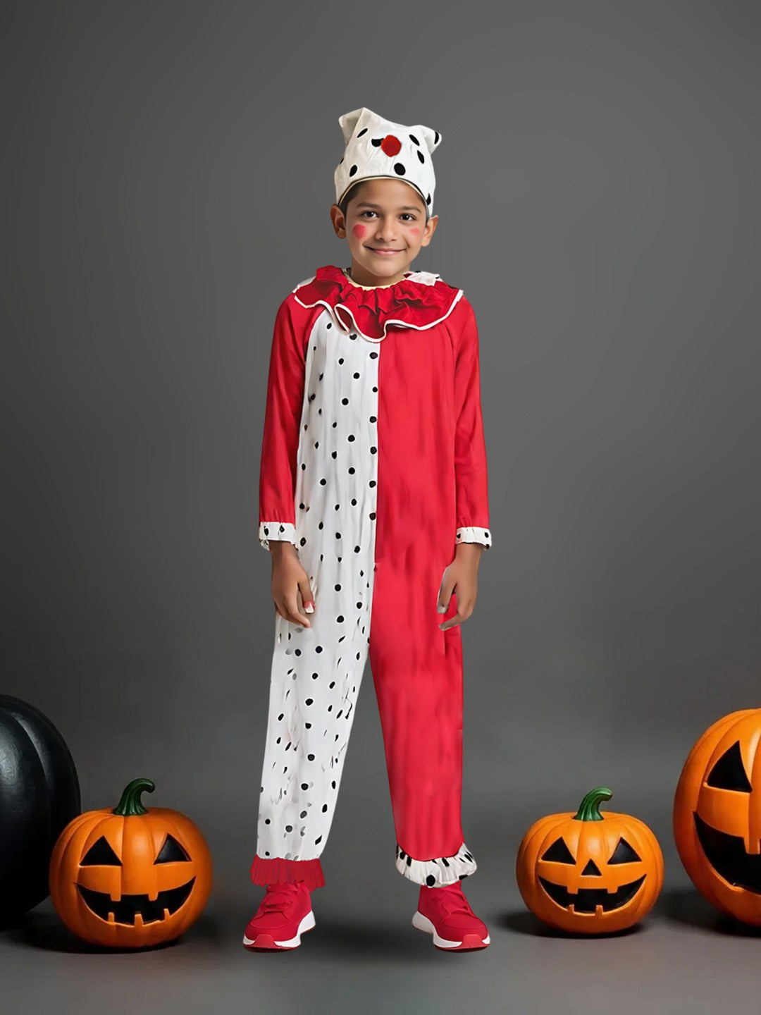 Kids White and Red Polka Dot Joker Jumpsuit with Cap Pompom – Spunkies