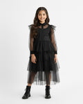 Girls Black Mesh Voile Layered Wednesday Dress