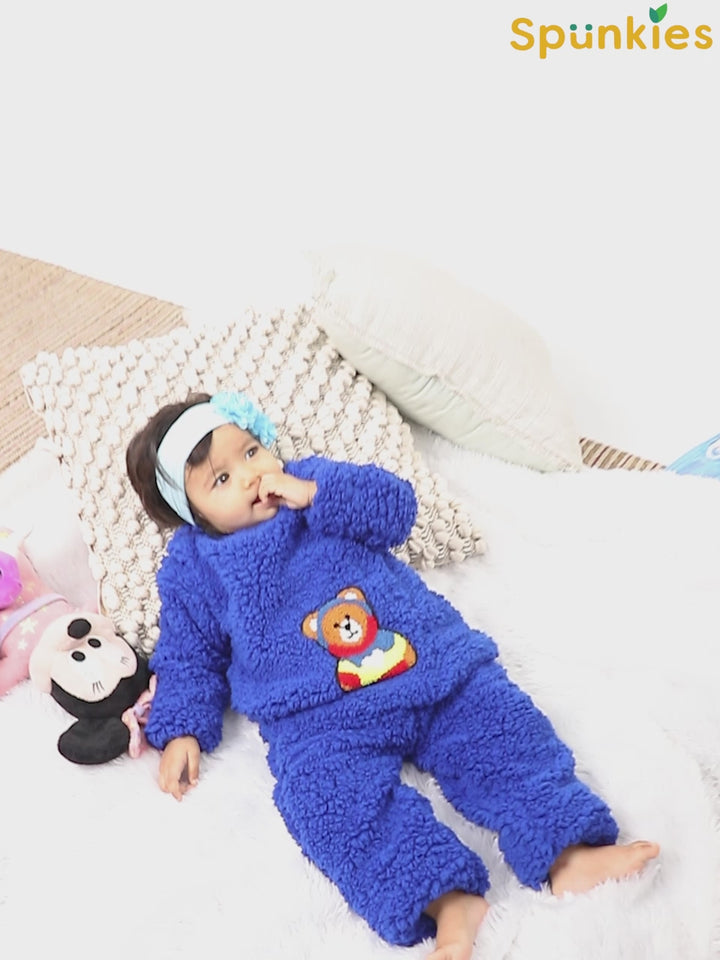 Blue Teddy Embroidered Winter Fleece Co-ord Set for Kids