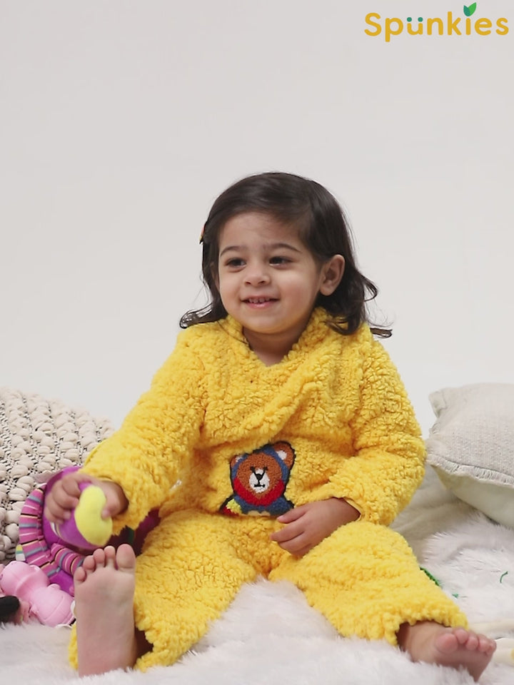 Yellow Teddy Embroidered Winter Fleece Co-ord Set for Kids