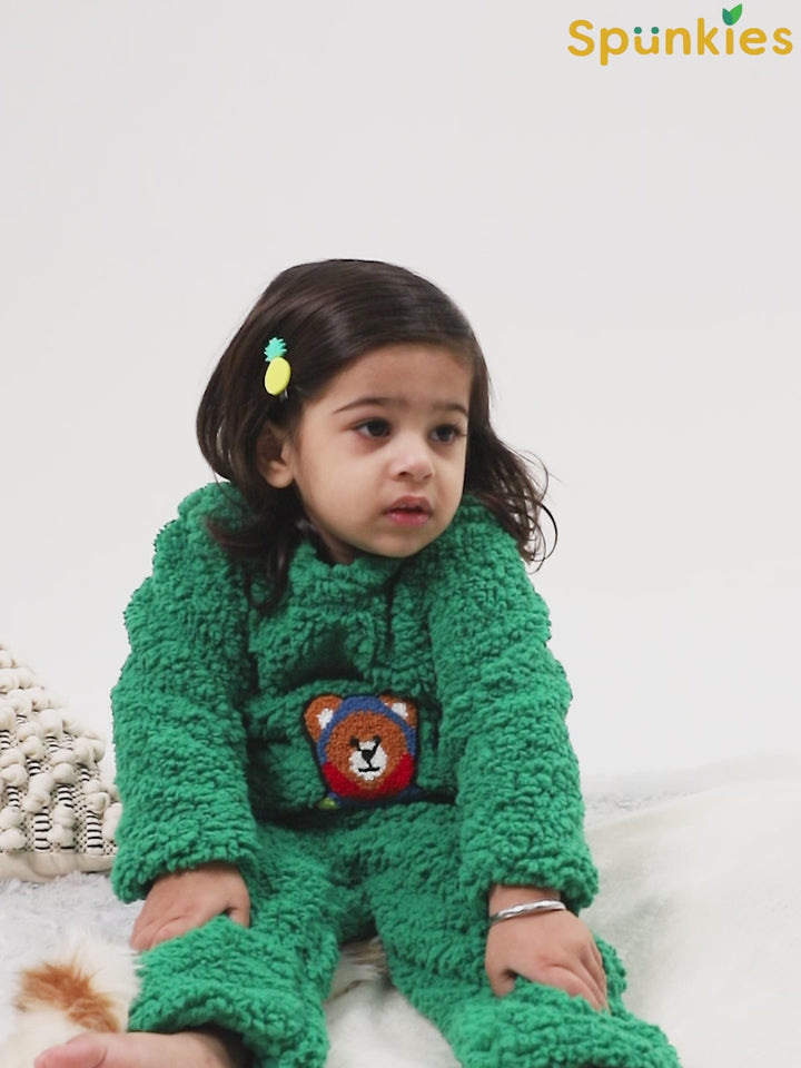 Green Teddy Embroidered Winter Fleece Co-ord Set for Kids
