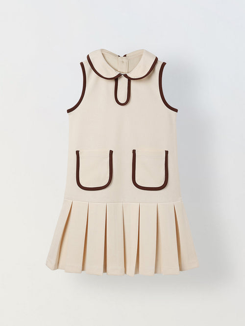 Spunkies Cream Girls Solid Peter Pan Collar Sleeveless Pleated A-Line Dress