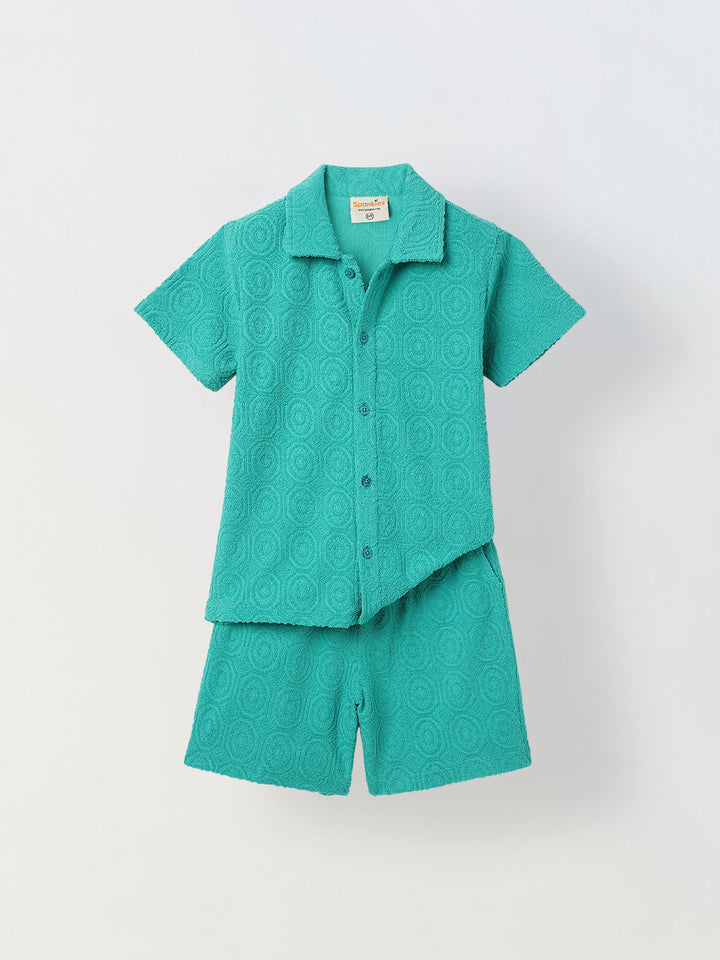 Boys Green Cotton Jacquard  Polo T-shirt and Shorts Set