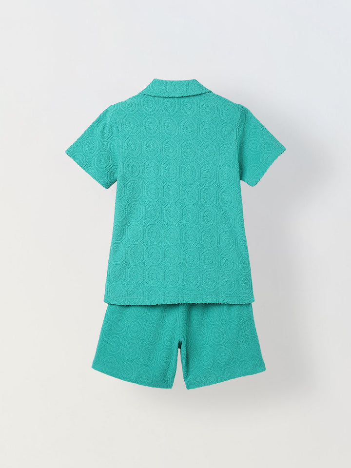 Boys Green Cotton Jacquard  Polo T-shirt and Shorts Set