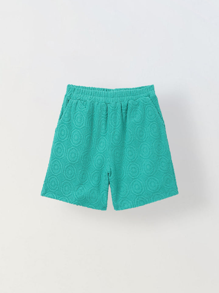 Boys Green Cotton Jacquard  Polo T-shirt and Shorts Set