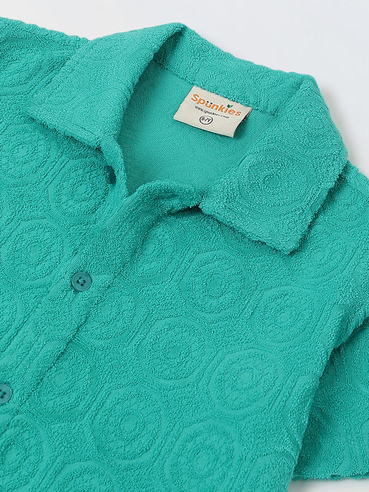 Boys Green Cotton Jacquard  Polo T-shirt and Shorts Set