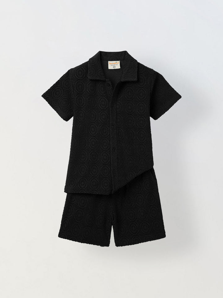 Boys Black Cotton Jacquard  Polo T-shirt and Shorts Set