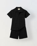 Boys Black Cotton Jacquard  Polo T-shirt and Shorts Set