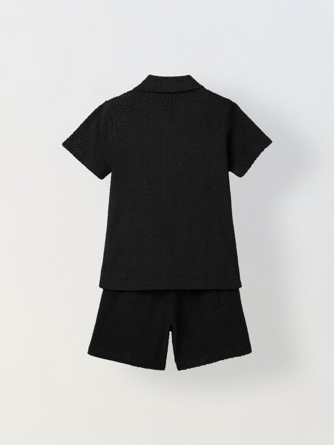 Boys Black Cotton Jacquard  Polo T-shirt and Shorts Set