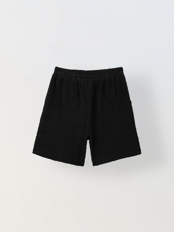 Boys Black Cotton Jacquard  Polo T-shirt and Shorts Set